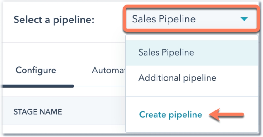 Create a new deal pipeline under the “Sales Pipeline” dropdown.