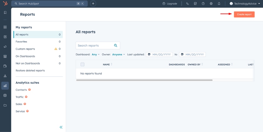 Create a report option on HubSpot CRM on a free demo account.