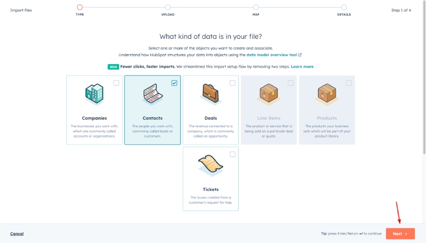 Data types you can select when importing files in HubSpot CRM.