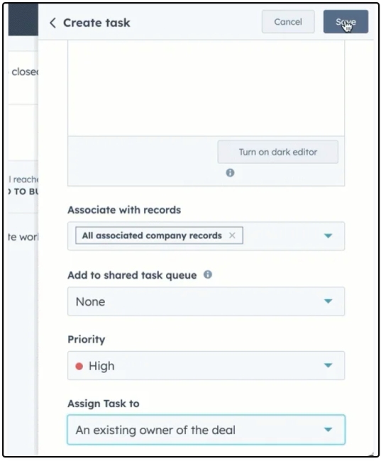 Entering task details to automate deal pipelines on HubSpot CRM.