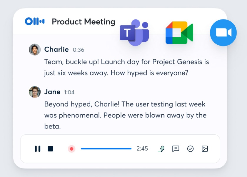 Example of Otter.ai meeting notes with the logos of conferencing platforms it can auto-join.