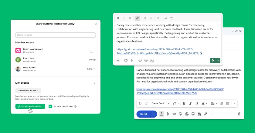 Examples of Grain's AI-generated meeting descriptions for sharing meeting links and an image of the sharing settings with an option to add a summary.