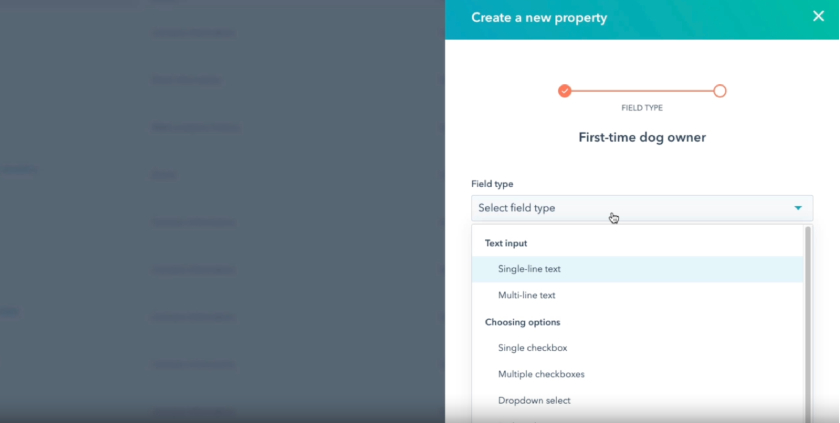 Field type selection drop-down menu and options for property on HubSpot CRM.