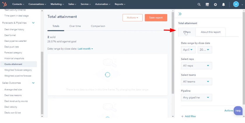 Filters tab on HubSpot CRM.