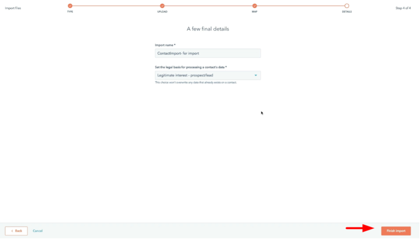 Finish import on HubSpot CRM to complete data transfer.