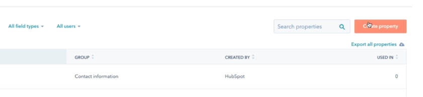 HubSpot CRM dashboard where to click on the create property button.