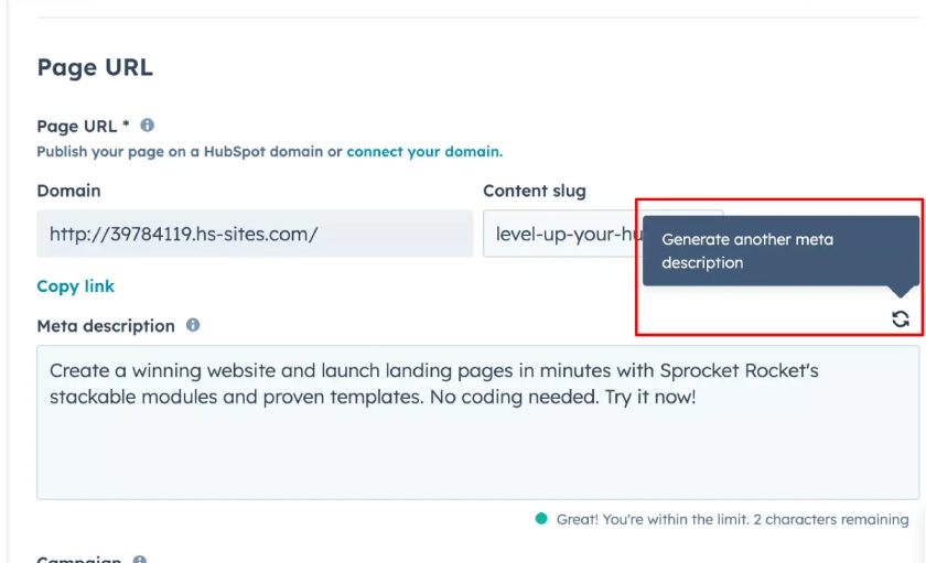 HubSpot CRM's AI content writer assisting in generating meta description.