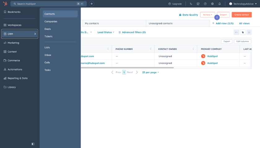 HubSpot CRM's contact home screen on a free demo account.