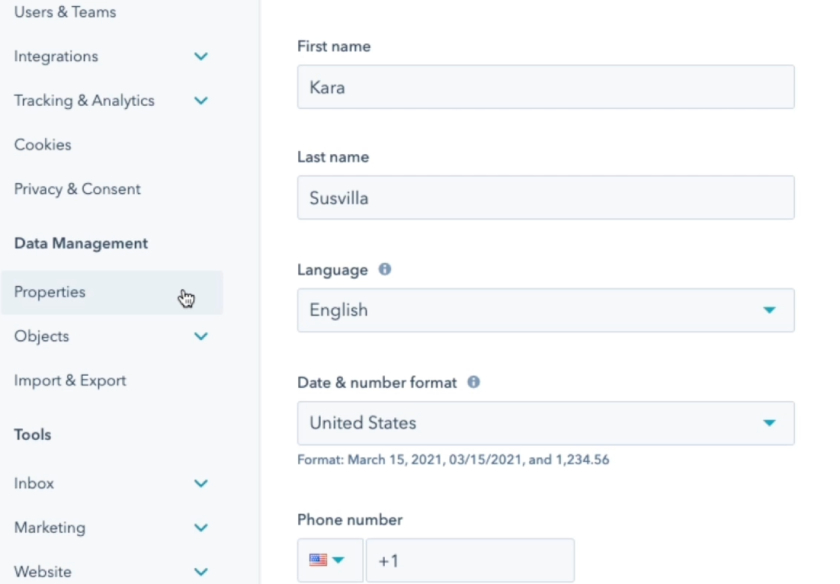 HubSpot CRM’s properties located on the left menu sidebar.