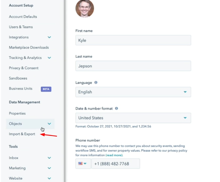 Import and Export in the left menu options of HubSpot CRM.