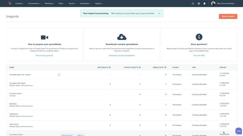 Imports dashboard with imported files on HubSpot CRM.