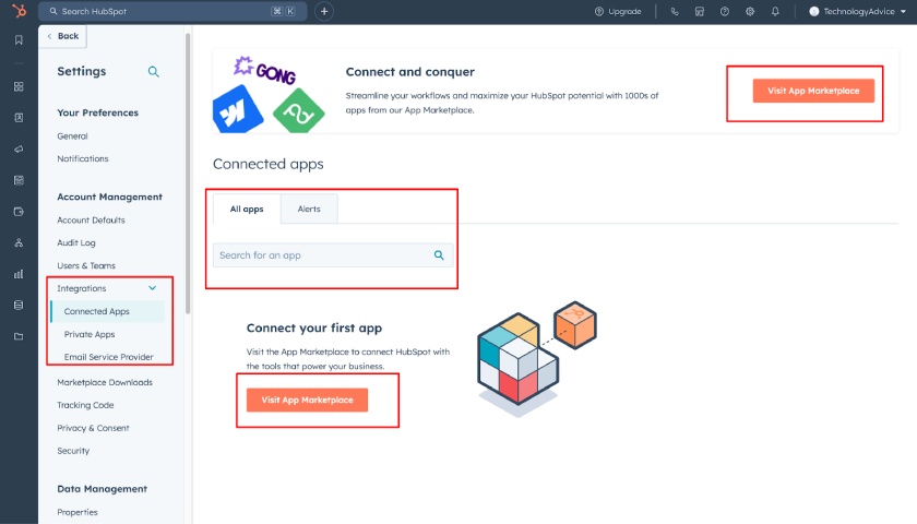 Integrations dashboard on HubSpot CRM using a free demo account.