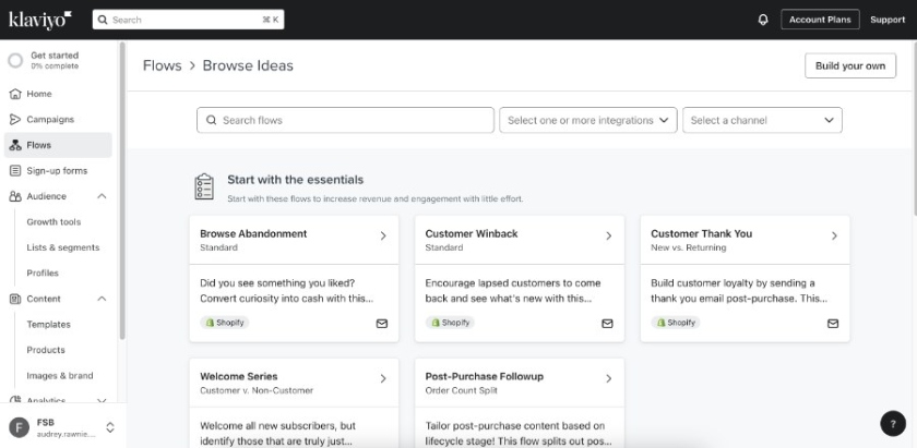 Klaviyo's campaign dashboard with various automation templates.