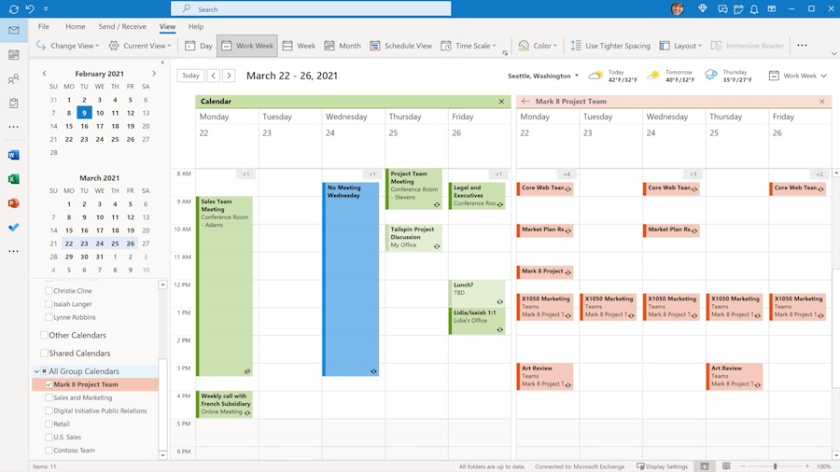 Microsoft Outlook Calendar's workweek view showing all group calendars.
