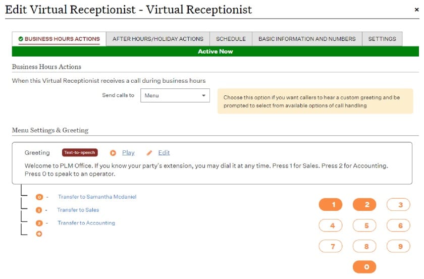 A screenshot of the Ooma virtual receptionist settings page showing business hours call handling options.