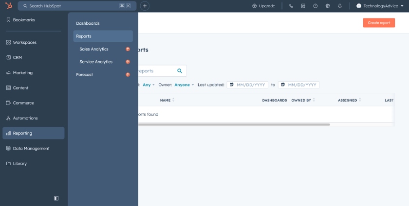 Reports dashboard on HubSpot CRM on a free demo account.