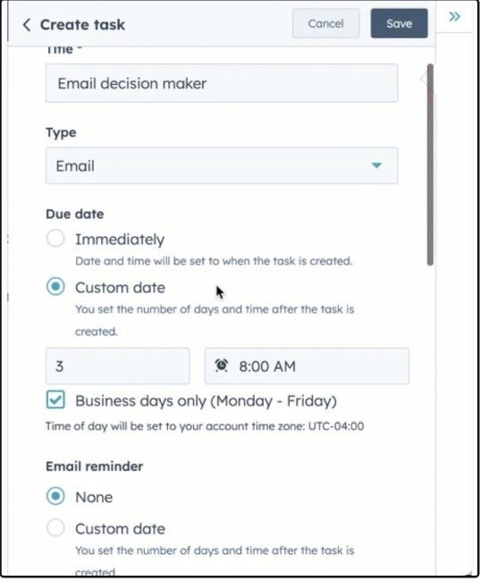 Setting up a custom date for automating a task or workflow on HubSpot CRM.