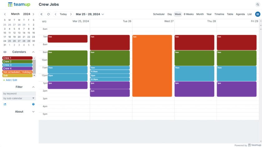 TeamUp's crew job calendar template showing combined sub-calendars for several crews' workweeks.
