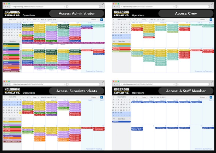 TeamUp's modular access and calendar views for administrator, superintendent, crew, and staff member levels.