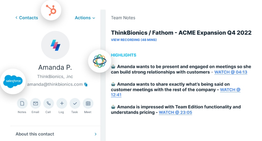 Team notes showing highlights and links to rewatch the recording of moments from the meeting.