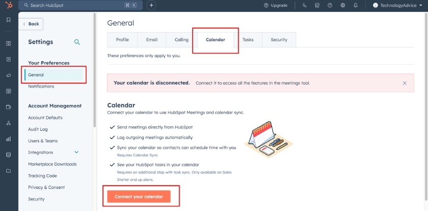 The connect to calendar option on HubSpot CRM using a free demo account.