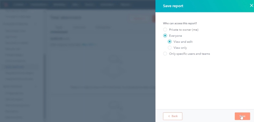 The location of the save button for a custom sales report on HubSpot CRM.