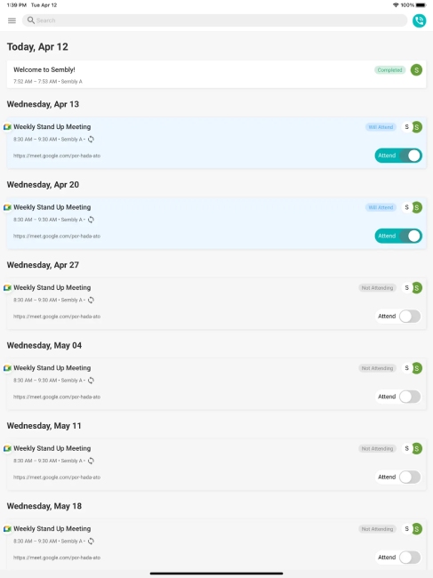 The Sembly interface on the Apple iPad with a list of meetings and activities.