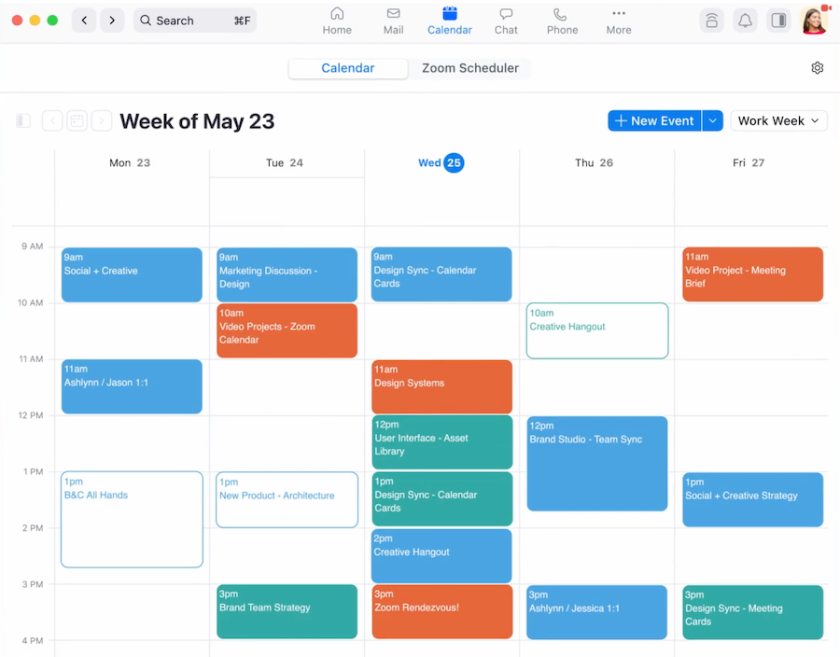Zoom Scheduler color-coded appointments integrated with a workweek calendar.