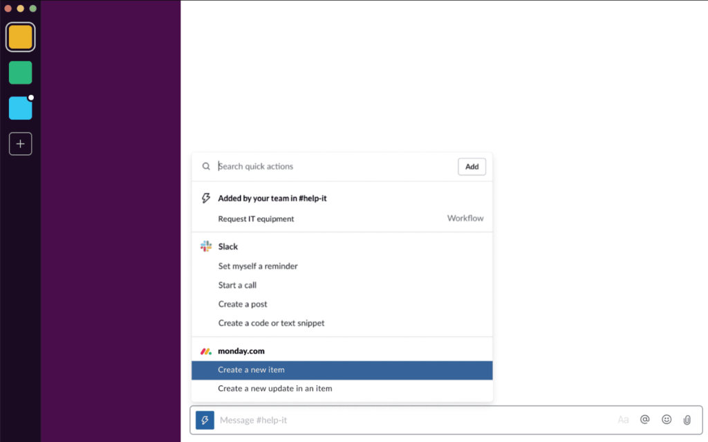 Slack interface with a dropdown menu for creating a new item on monday.com.