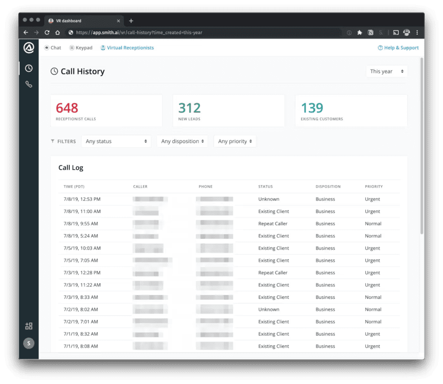 The Smith.ai web-based dashboard for tracking call history and key metrics.