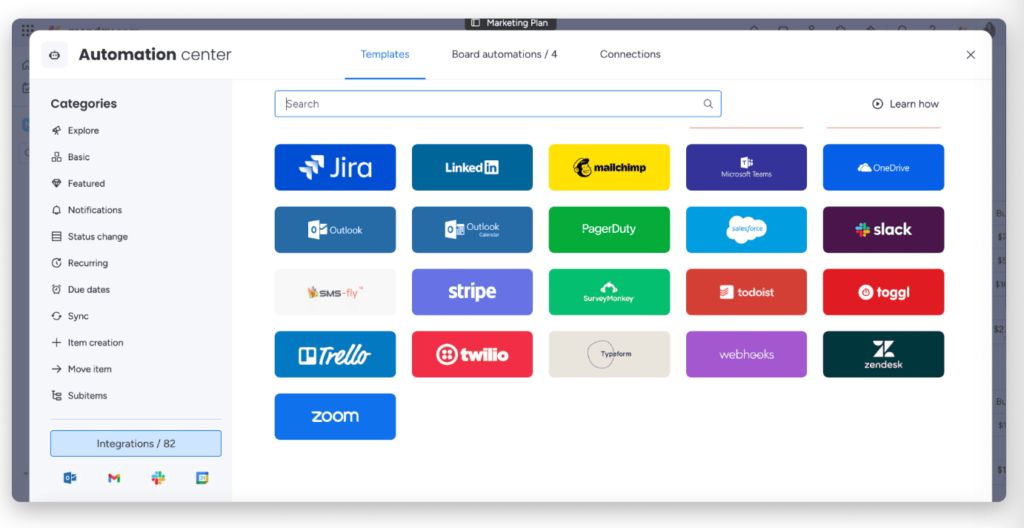 Automation center showing integration templates. 