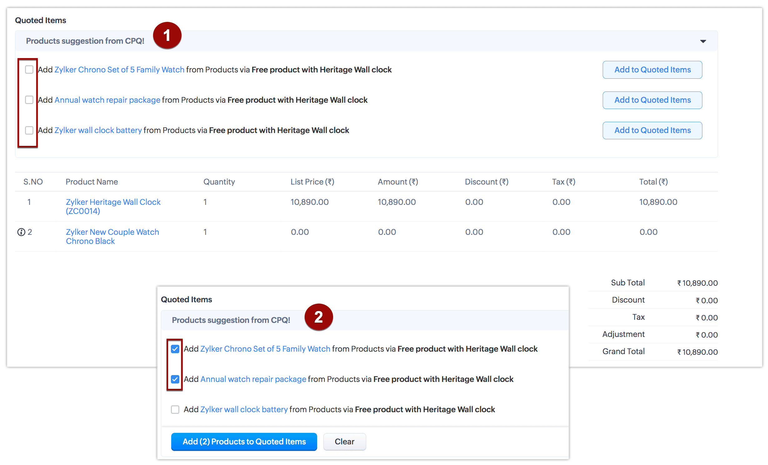 Zoho CRM's product configurator showing quoted items on CPQ for cross-selling opportunities.