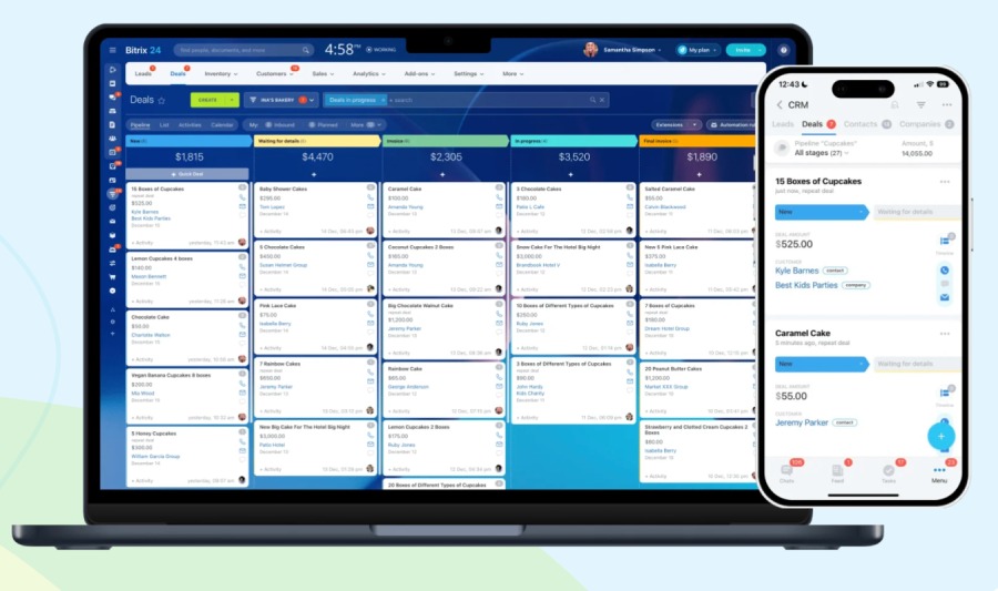 Bitrix24's Kanban boards on desktop and mobile app view.