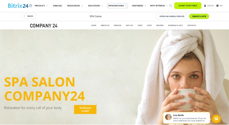 Bitrix24's sample salon website made via its customizable website builder.