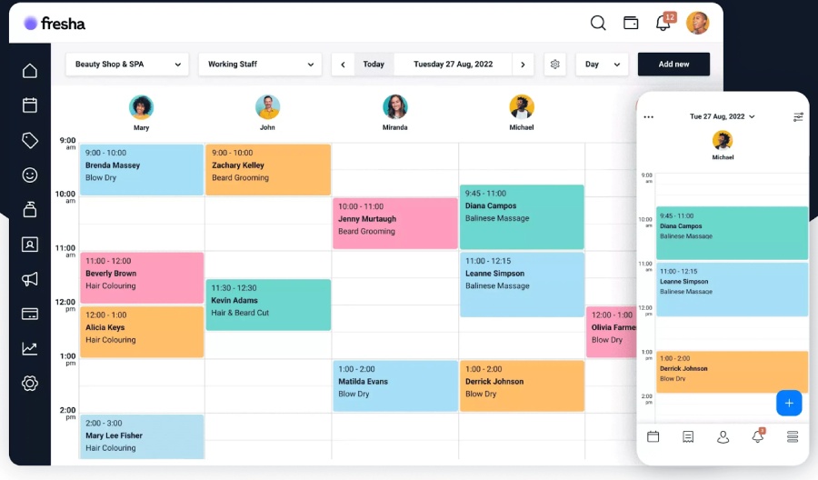 The Fresha dashboard with salon services for specific salon workers booked on a calendar view.