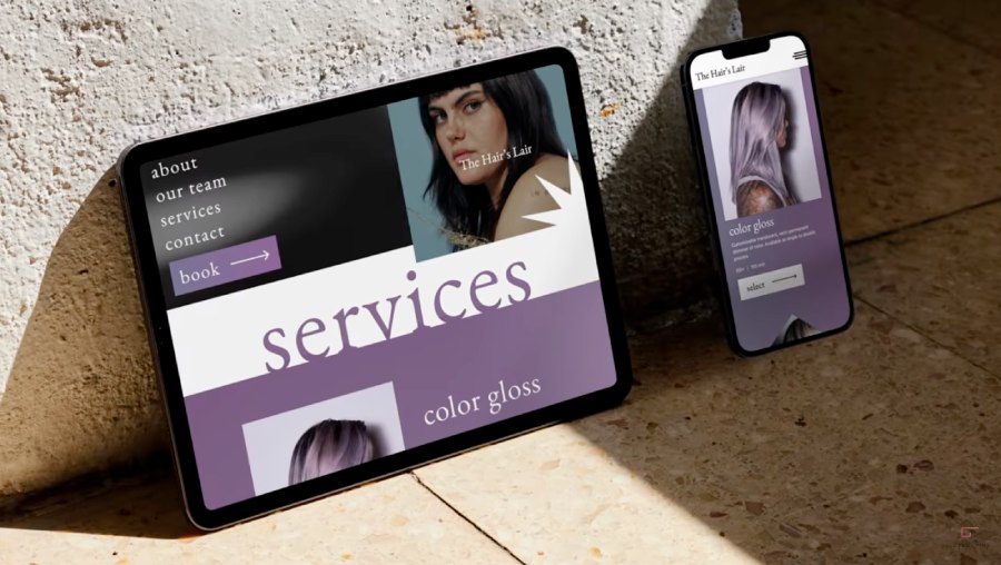 A sample GlossGenius custom salon website on smartphone and tablet views.