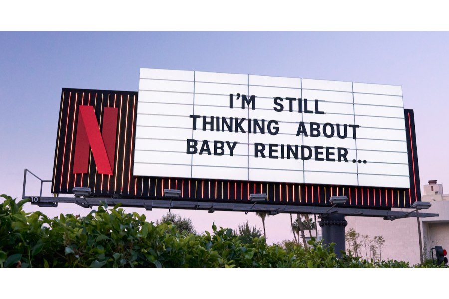 A text-only billboard from Netflix advertising its show "Baby Reindeer."