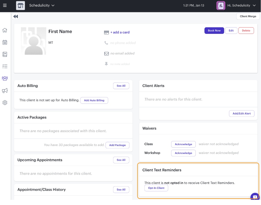 Schedulicity’s dashboard with an opt-in section for client text reminders.