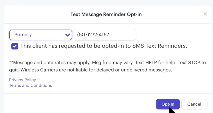 Schedulicity’s client text message reminder opt-in selection with the recipient's SMS phone number.