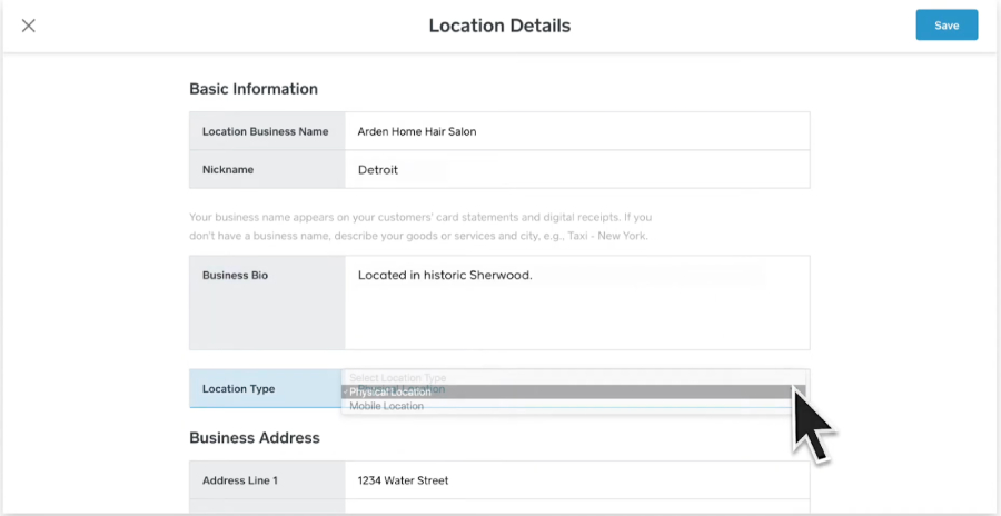 Square Appointments' interface for adding location details for multiple branches.