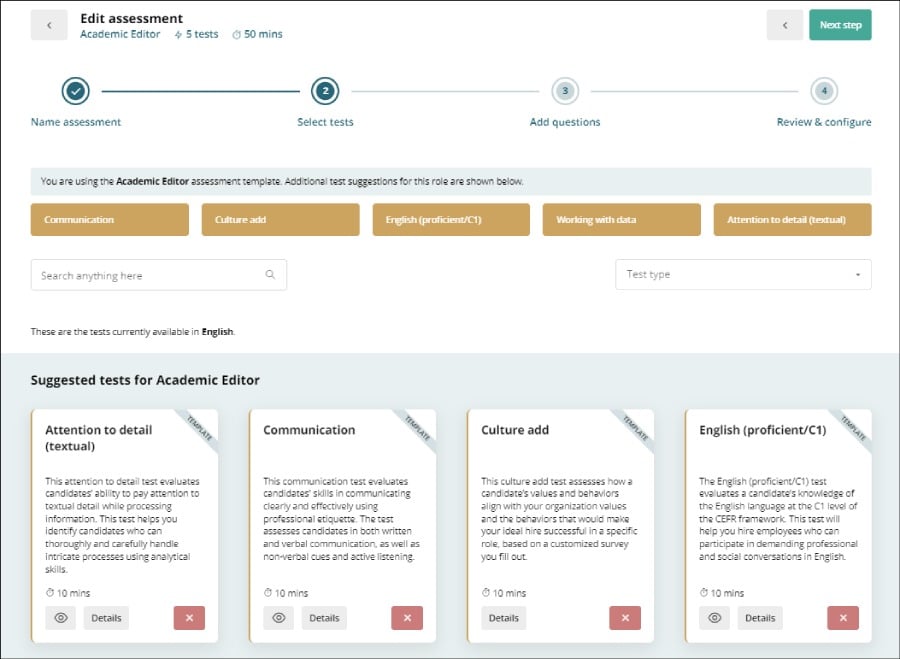 Assessment editor with buttons for communication, culture add, English, and attention to detail.