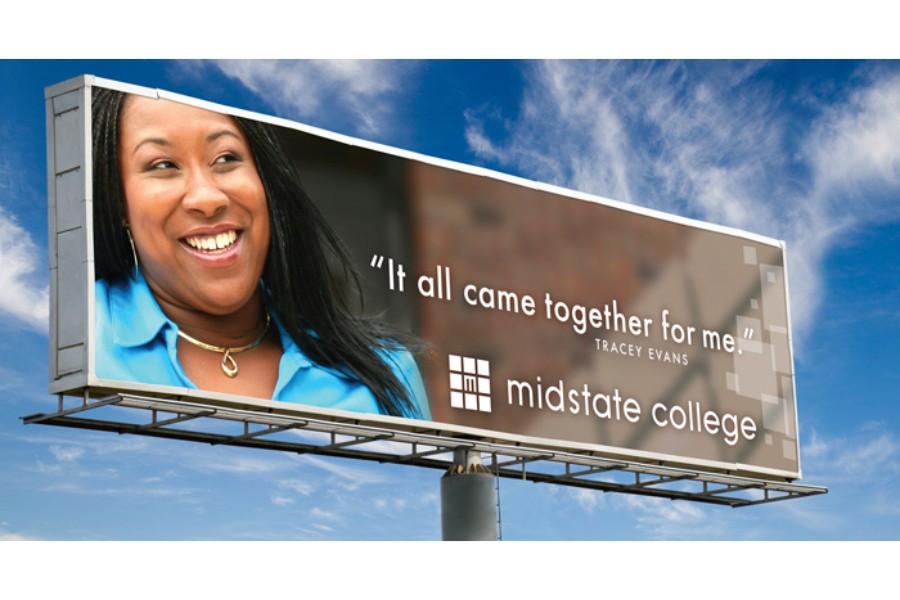 A billboard from Midstate College with a customer testimonial.