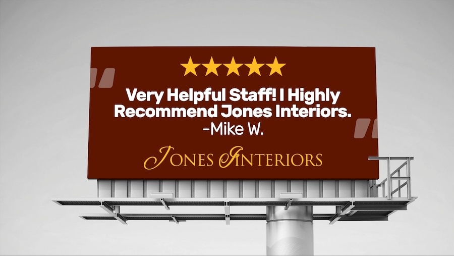 A billboard mockup featuring a five-star customer review.