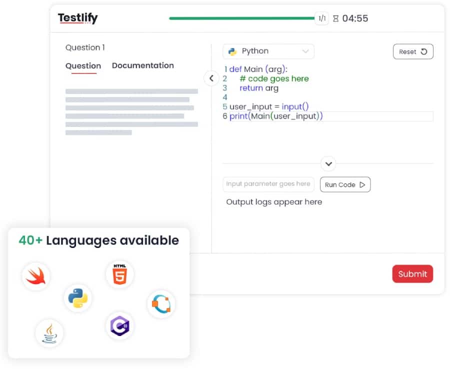 Coding test data and box with language icons.