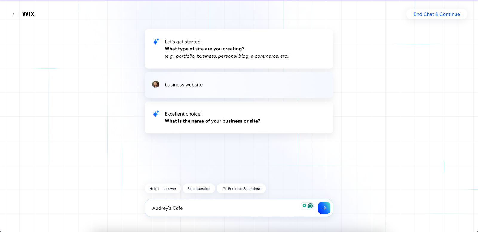 Wix's AI chatboot asking question prompts about the website you need.
