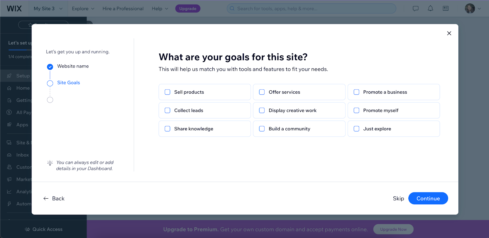 Wix's prompt asking for your website's main goals in the classic editor.