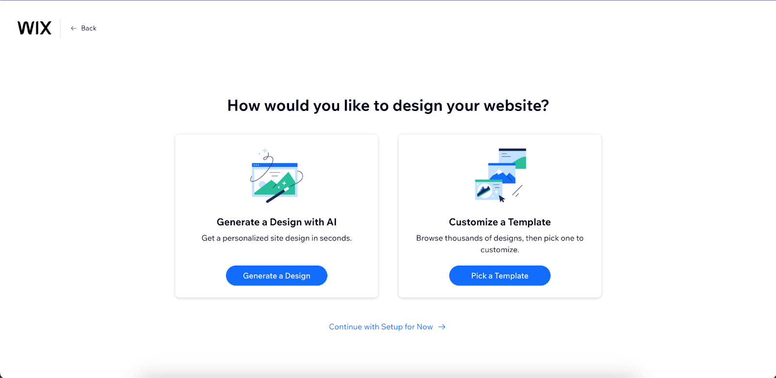 Wix's prompt to choose between using the AI designer or a template to design your website.