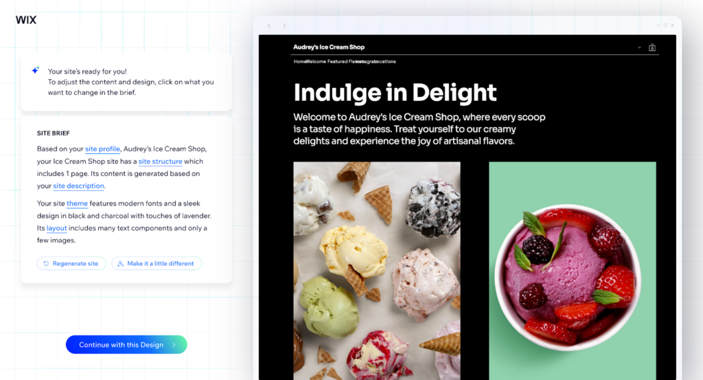 A sample website for an ice cream shop designer by Wix's AI designer.