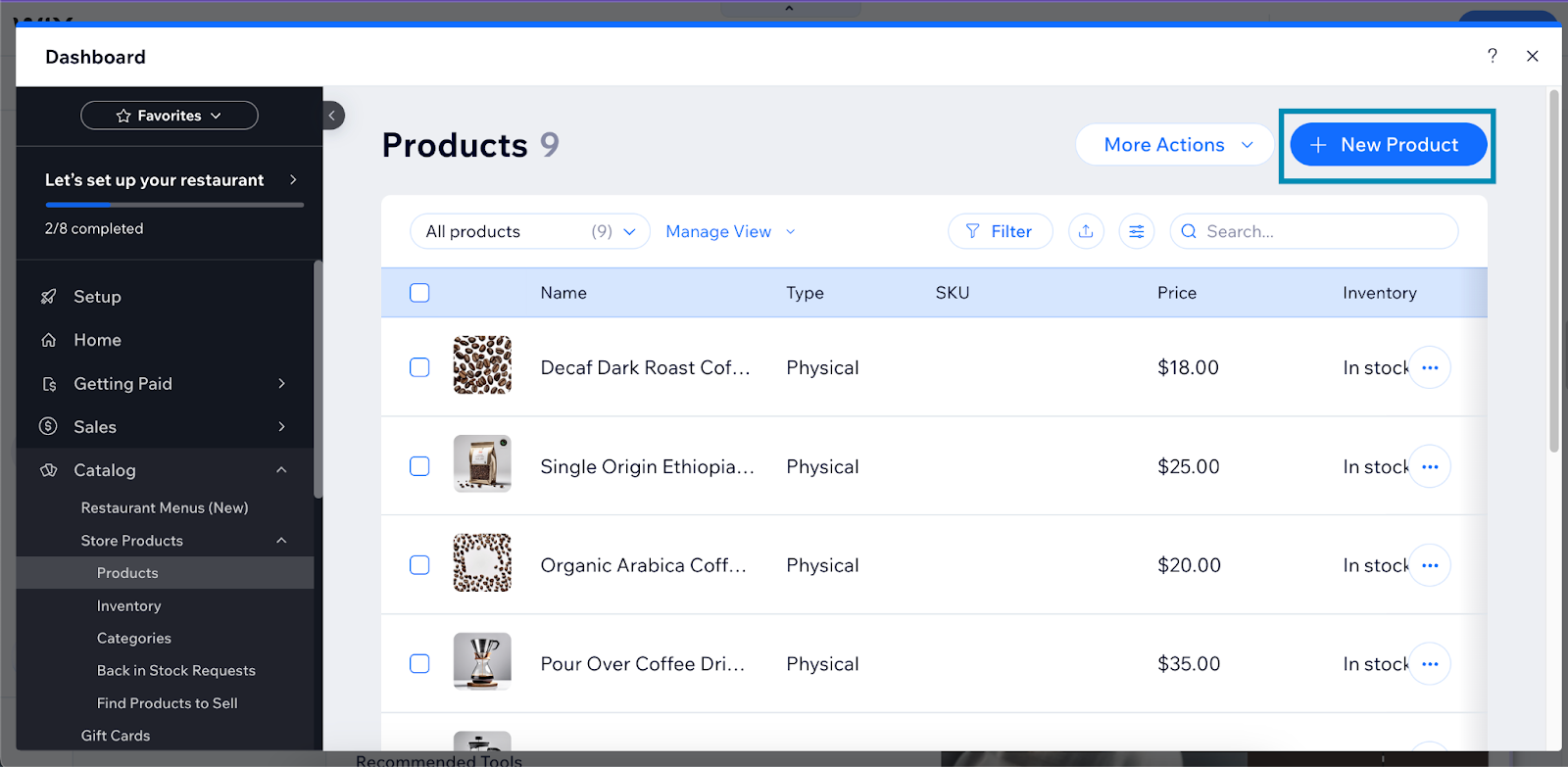 Wix's online store dashboard with sample products.