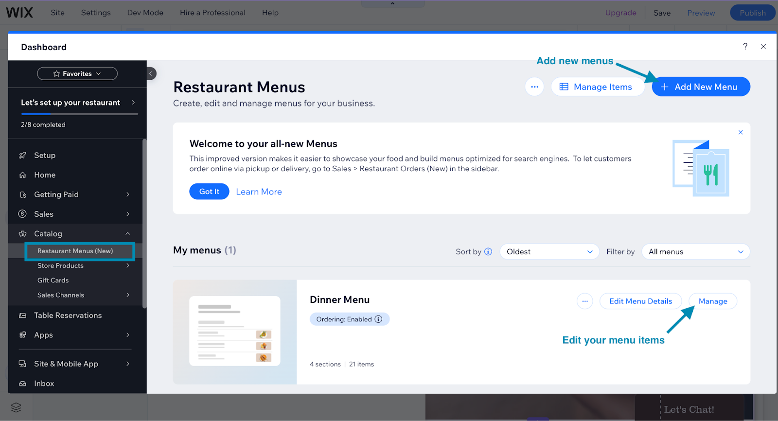 Wix's dashboard for setting up a restaurant menu in the drag-and-drop editor.